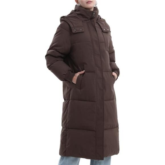 Long Puffer Jacket for Women, Coffee - Picture 1 of 6